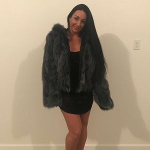 Blue rabbit fur hooded coat